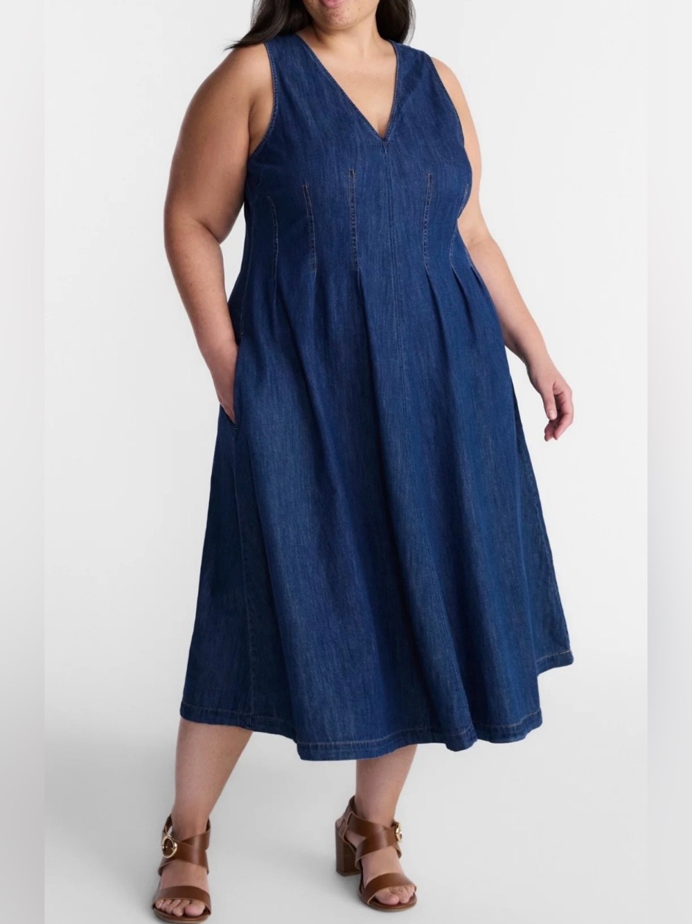 Terra & Sky Dark Blue V-Neck Denim Midi Dress